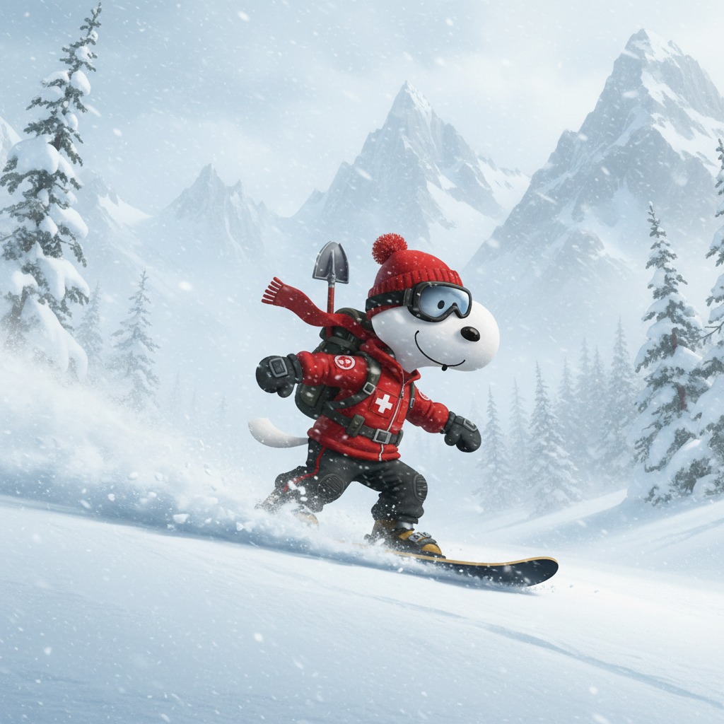 Snoopy dressed as a ski patrol snowboarding thru a dense high alpine storm