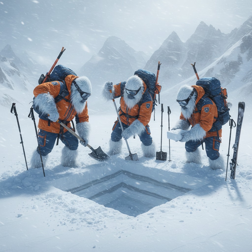 Three yeti ski patrollers digging an avalanche snow pit in the high alpine during a storm