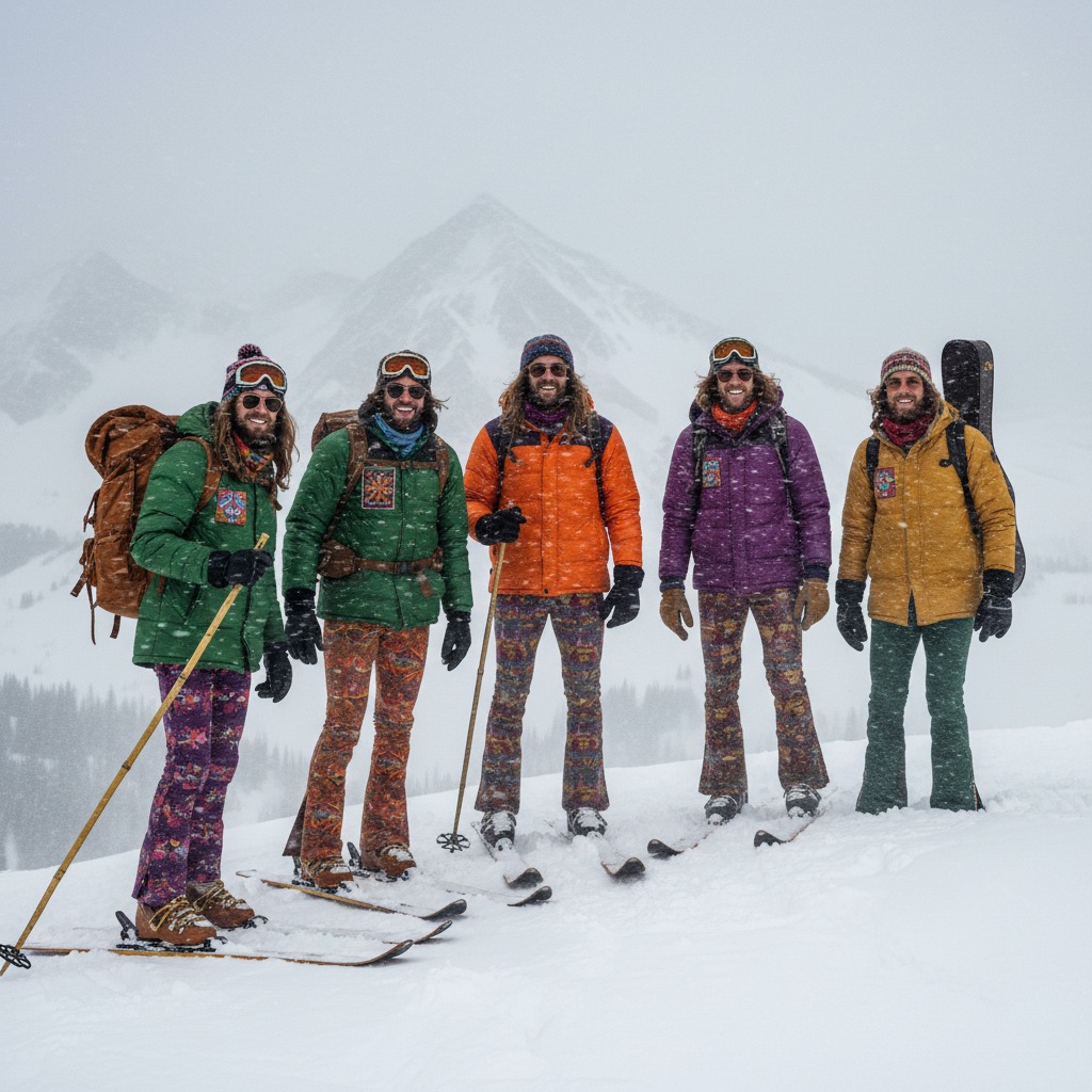 a group of five retro 1970's ski patrollers standing on a ridge during a winter storm about to drop into a powder field. they are very much hippes.