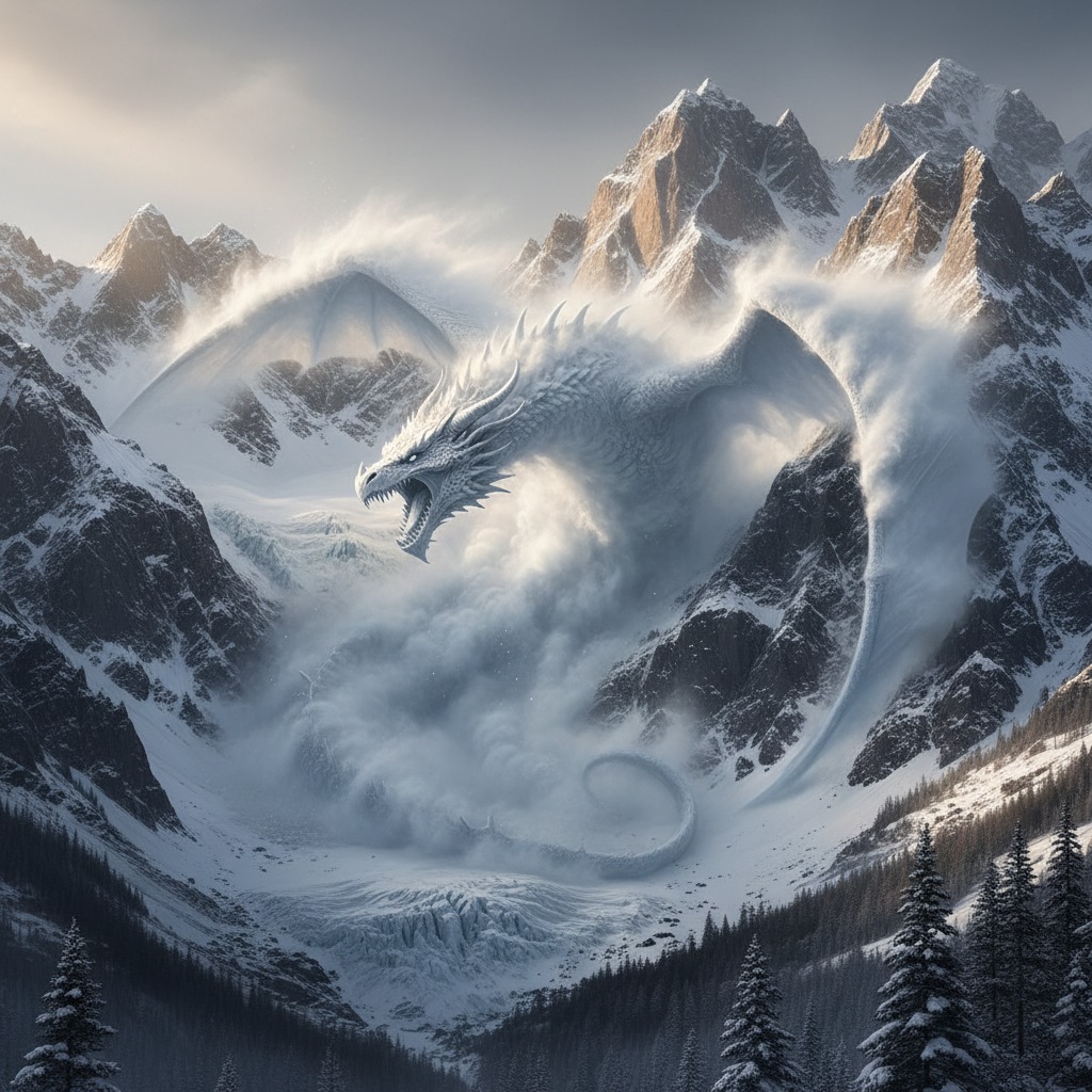 A massive avalanche coming down a large mountain side, in the rushing snow you can see the outline of the dragon in the snow tht is the avalanche
