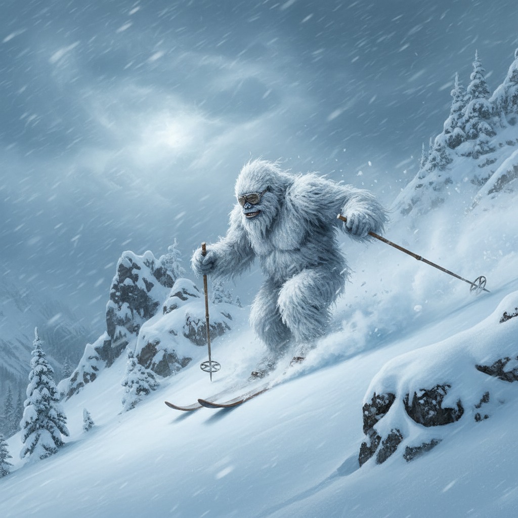 A very snowy yetti skiing down a stormy alpine slope in alaska